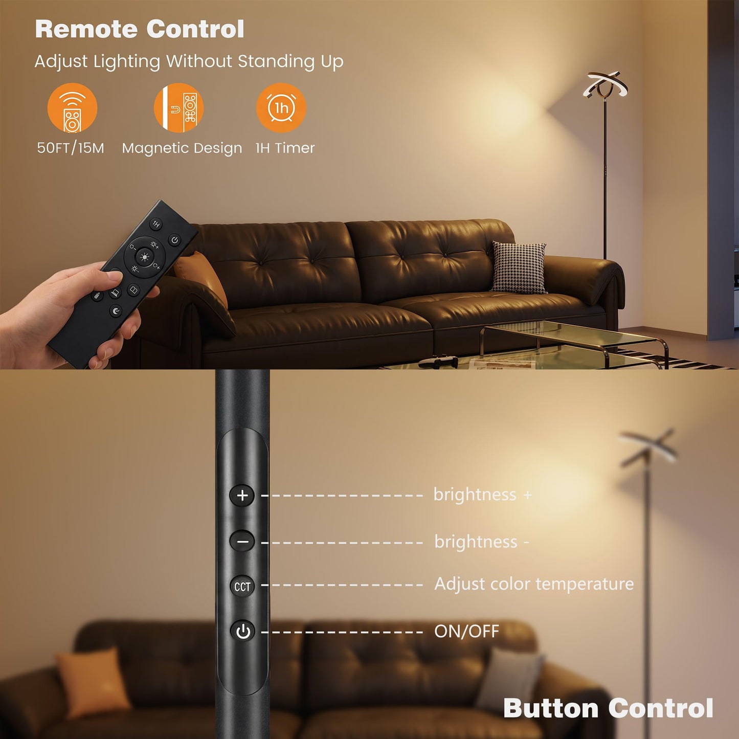 SIBRILLE 30W LED Floor Lamp, 350° Rotating Reading Standing Lamp with Remote Control, Stepless Dimmable 3000K-6500K Modern Tall Lamp for Living Room Bedroom Office