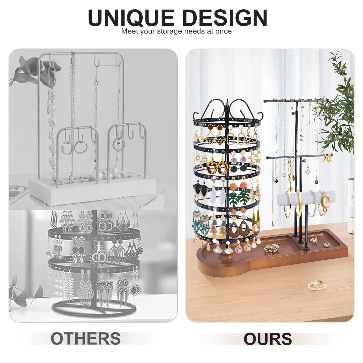 SMFANLIN Jewelry Organizer Stand, Metal Rotating Earring Holder Organizer, Multi-Functional Adjustable Necklace Rack Holder Bracelet Watch Holder for Jewelry Earrings Ring, Black