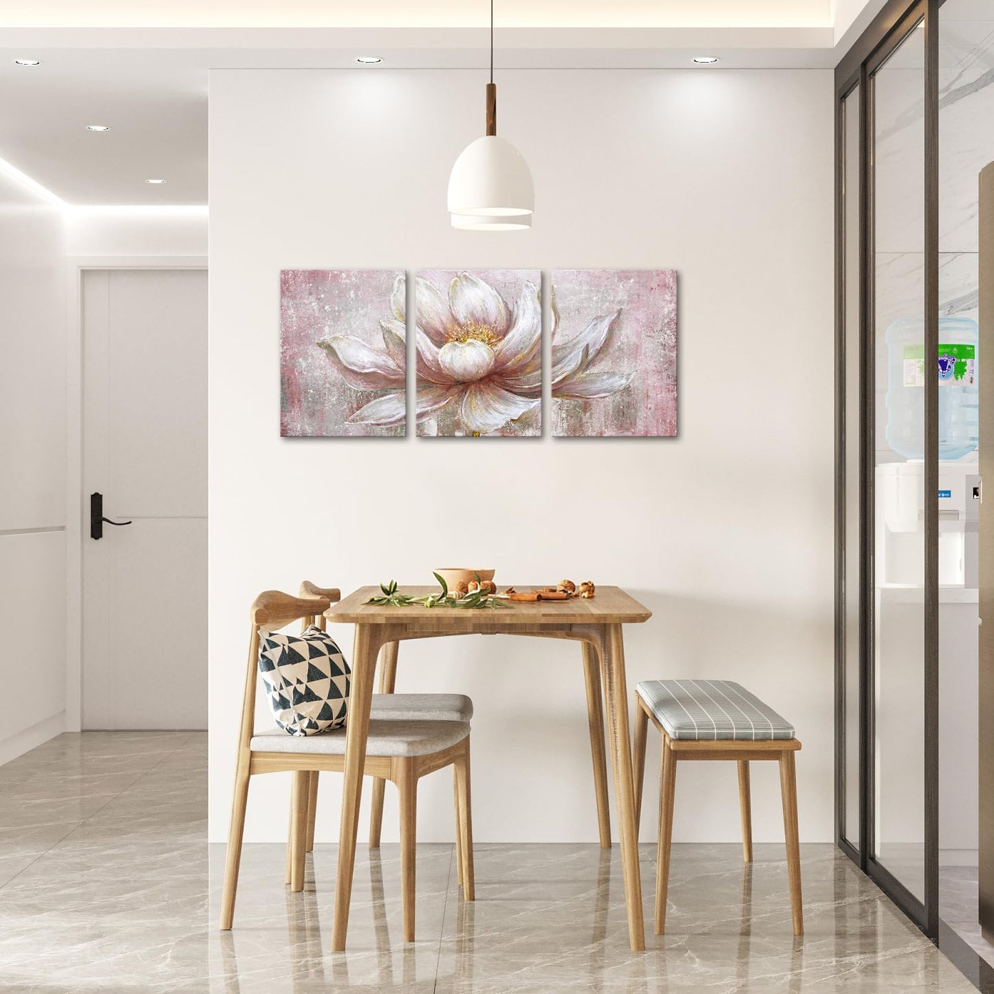 iKNOW FOTO Pink Gold Lotus Canvas Set of 3 Wall Art Framed Flowers Paintings Wall Pictures Abstract Artwork Painting for Bedroom Office Home Decor Ready to Hang 12x16 Each