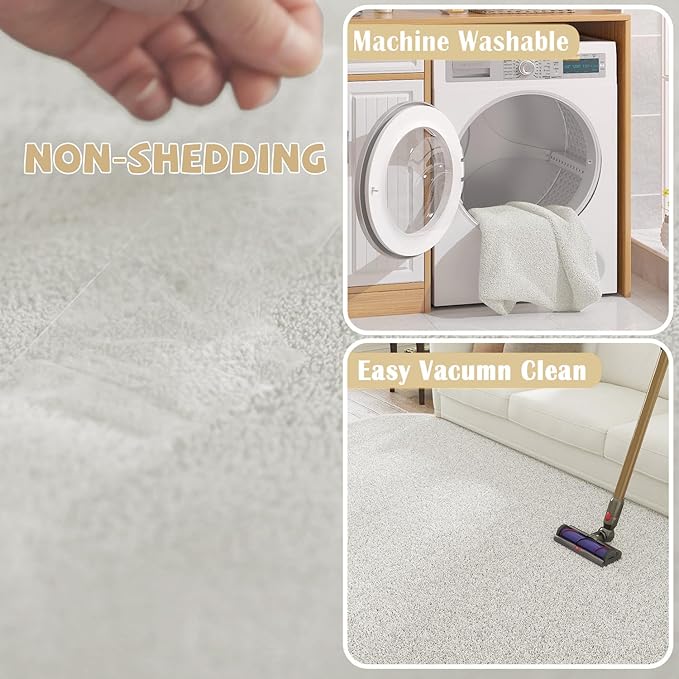 jinchan Solid Plush Round Rug 5ft Performance Shaggy Circle Rug 5' Round Washable Indoor Soft Modern Faux Wool Non Slip Carpet for Living Room Kids Room Bedroom Dining Room Ivory