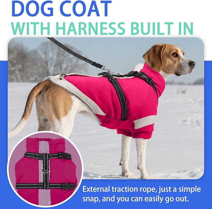 MIGOHI Snowproof Dog Jacket with Harness Reflective Small Dog Coat with Sleeves,Waterproof Fleece Winter Puffer Jacket for Dogs,Turtleneck Puppy Coats for Dogs Chilly Day,S,Rosered