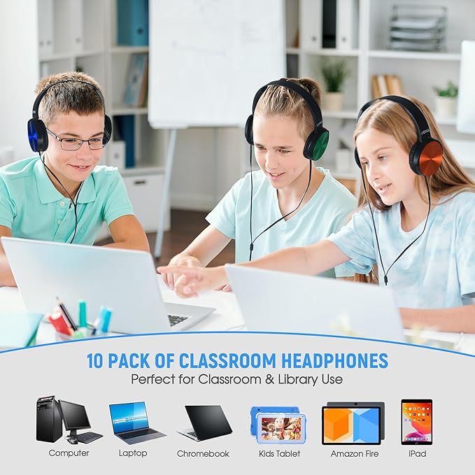 10 Pack Kids Headphones Bulk for School Classroom, Over-Ear Headphones Wired School Supplies for Kids Students Teachers, 3.5mm Jack(Black)