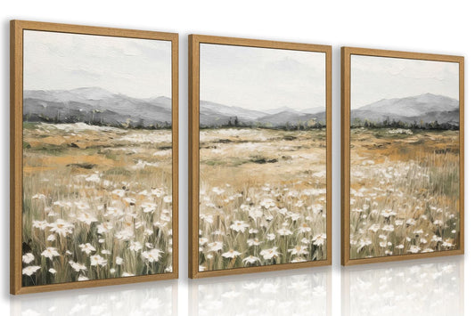 CAZLOUC White Wildflowers Wall Art Set of 3, Neutral Meadow Landscape Wall Decor, Minimalist Mountain Canvas Prints, Beige Rustic Field Paintings for Living Room Bedroom Wood Framed 12x16 Inch