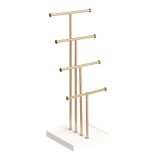 Amazon Basics Four-Tier Jewelry Organizer Tree Stand, Necklace Earring Bracelet Holder with Ring Storage, White/Brass