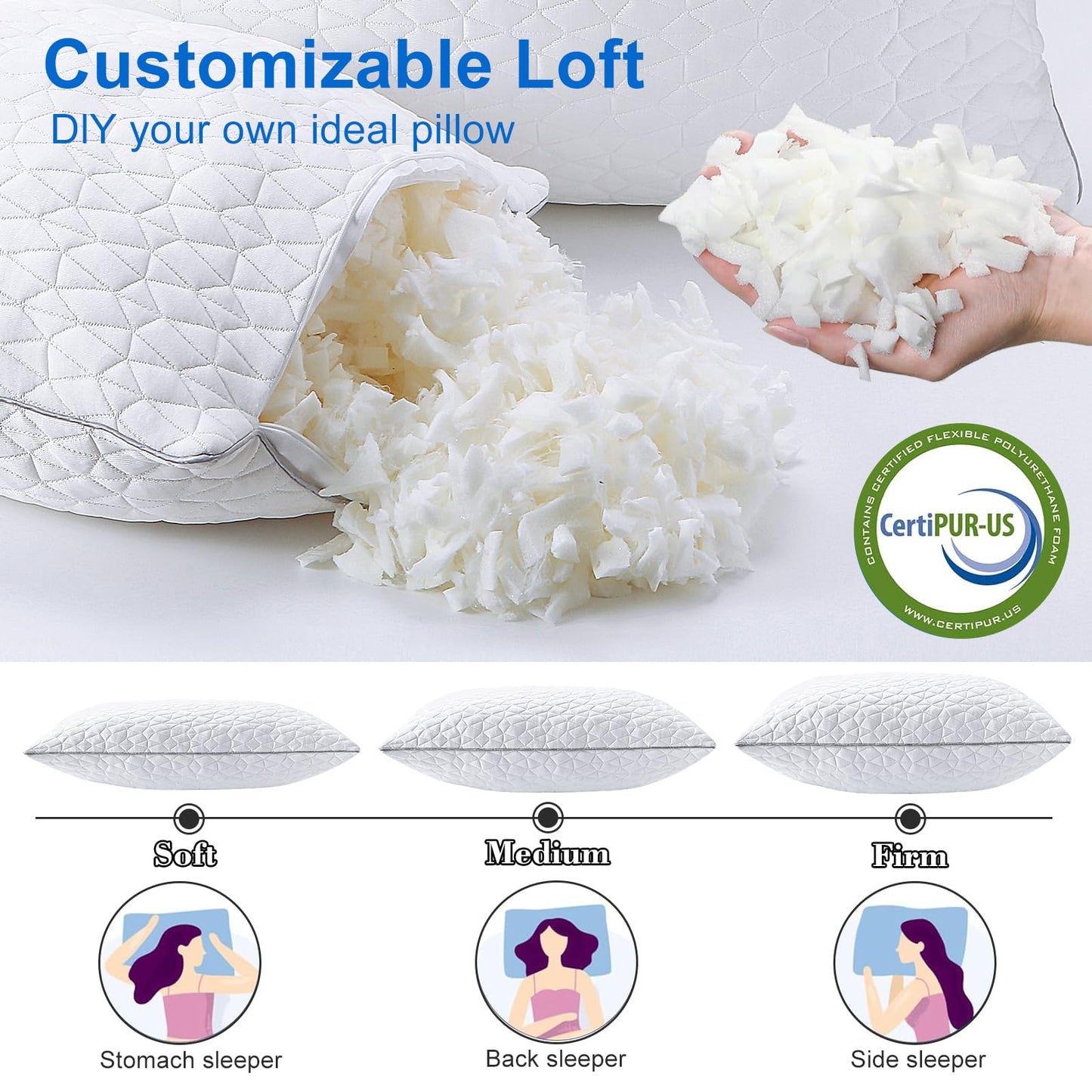 Cooling Pillows Queen Size Set of 2, Shredded Memory Foam Pillows, Adjustable Firm Bed Pillows Cool Cold Pillow for Hot Side Back Stomach Sleepers with Removable Washable Cover, 20" x 30", White