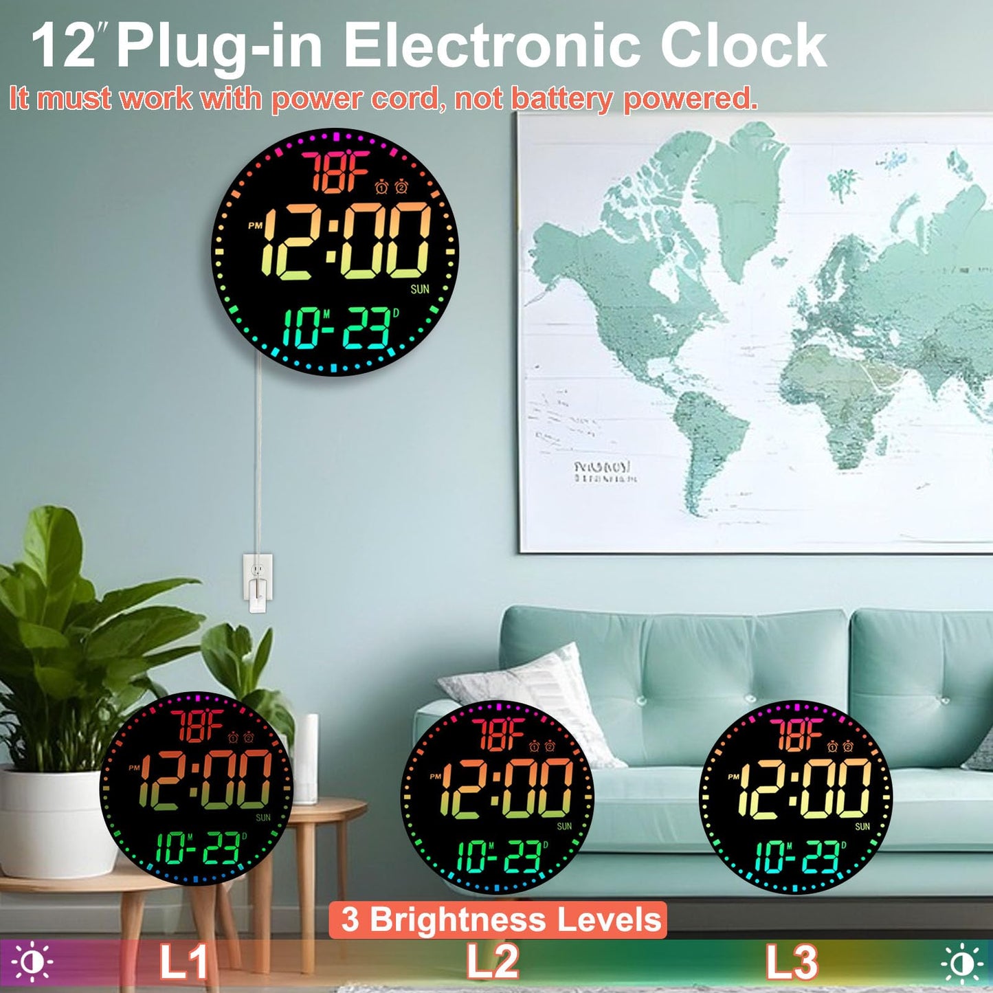 QINFIEY Large 12" RGB Color Changing Digital Wall Clock with Remote Control | LED Display Plug-in Clock with 3 Brightness Levels & Temperature Display | Perfect for Home, Gym, Classroom, Office