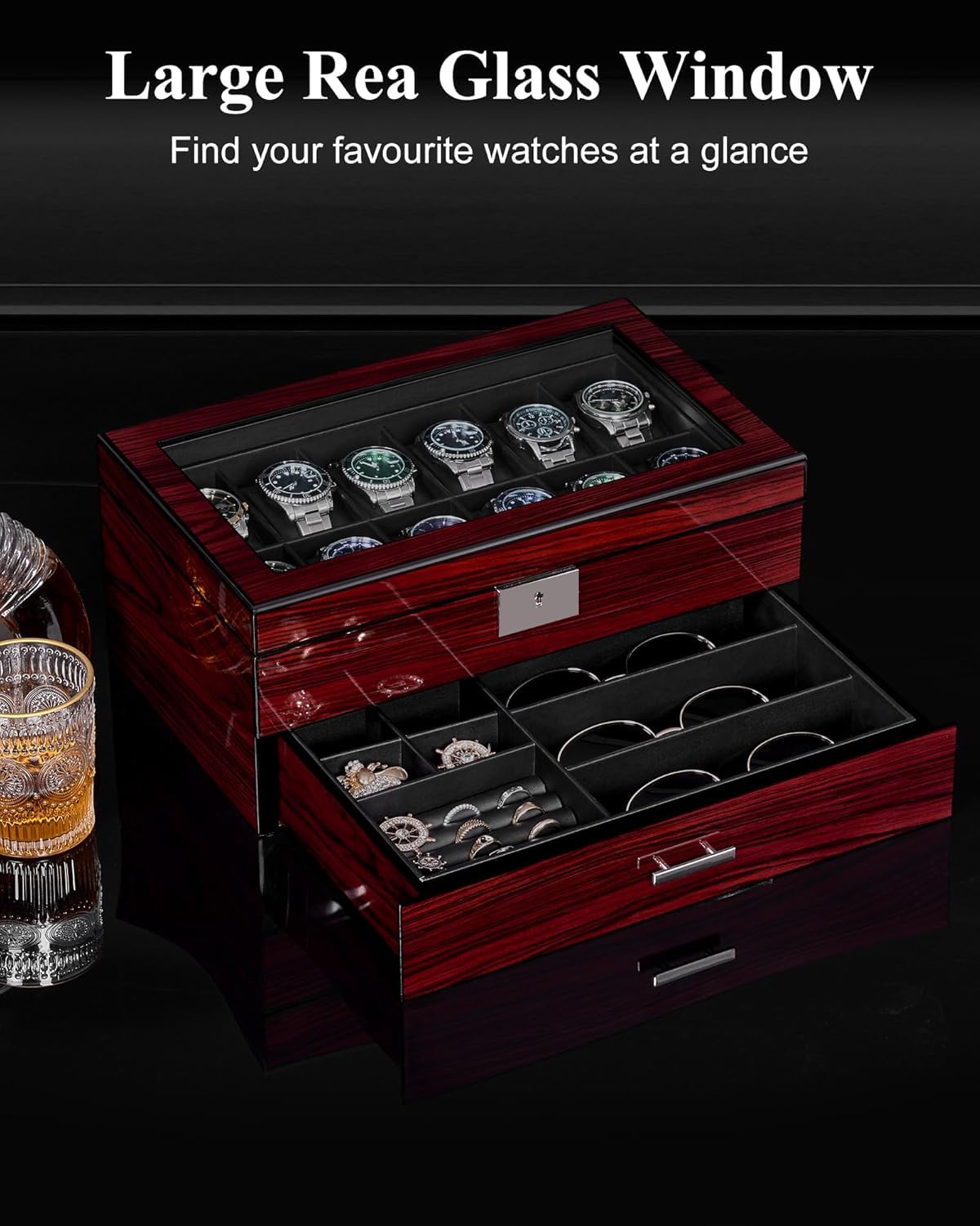 ANWBROAD Watch Box for Men, 12 slot Watch Cases with Glass Lid, 2-Layer Wooden Watch Display Case for Jewelry and Watch Organizer for Men Women, Ideal for Gifting with a Present Box, Lockable UJWB003Y