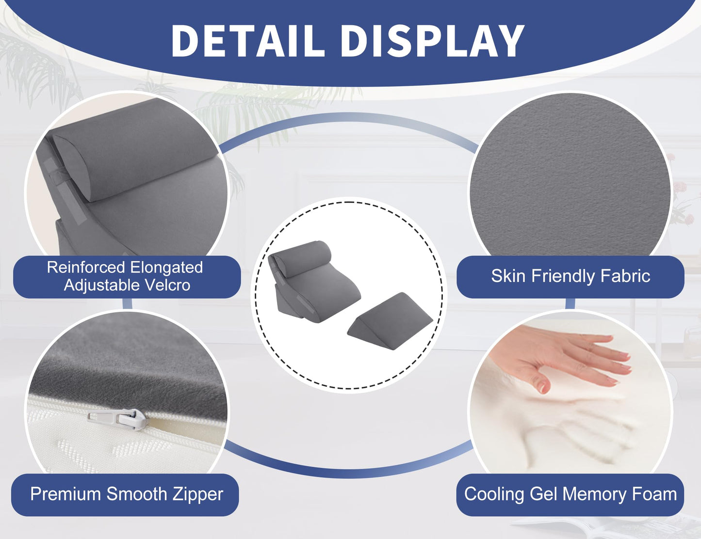 4PC Orthopedic Bed Wedge & BBL Surgery Pillow Set - Memory Foam Support for Buttocks/Back/Legs, Post Surgery Sleeping System with Adjustable Angles, Contains 2 Washable Pillowcases, Gray&White Grey