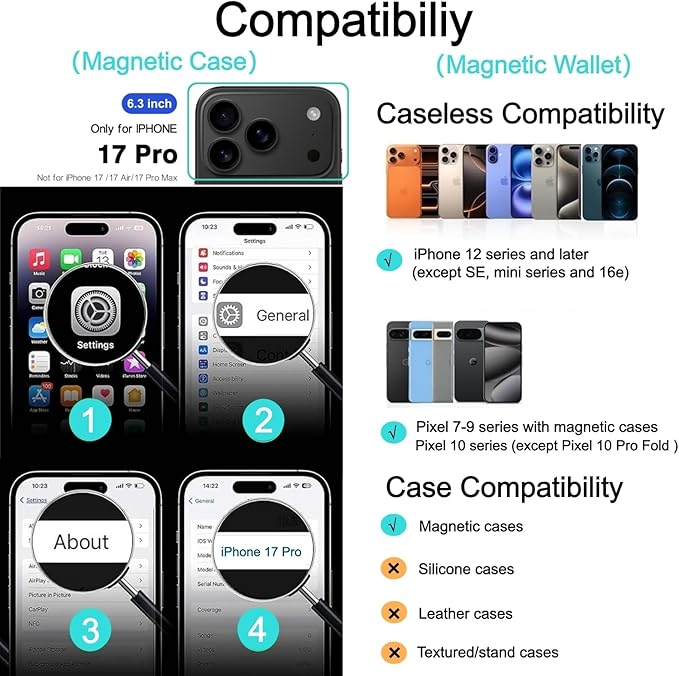 Ntwinro Magnetic for iPhone 17 Pro Case (Compatible with MagSafe) with Detachable Wallet & Card Holder for 3 Cards [RFID Blocking] Military Grade Protective Slim Phone Cover, Pink