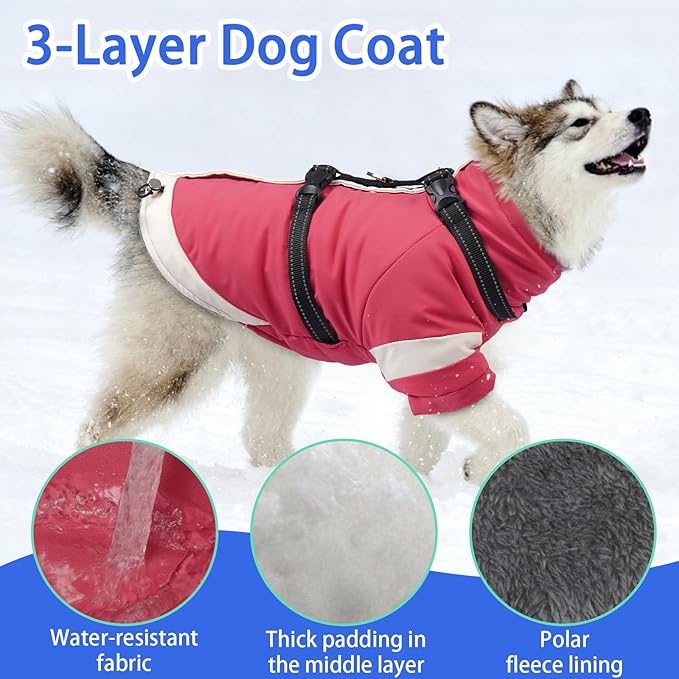 MIGOHI Ultra Thick Dog Jacket,Reflective Medium Dog Coat with Harness Built in,Warm Pet Winter Coat Zip Up Puffer Jacket with Furry Collar for Medium Dogs with Legs Outdoor Adventure,L,Pink