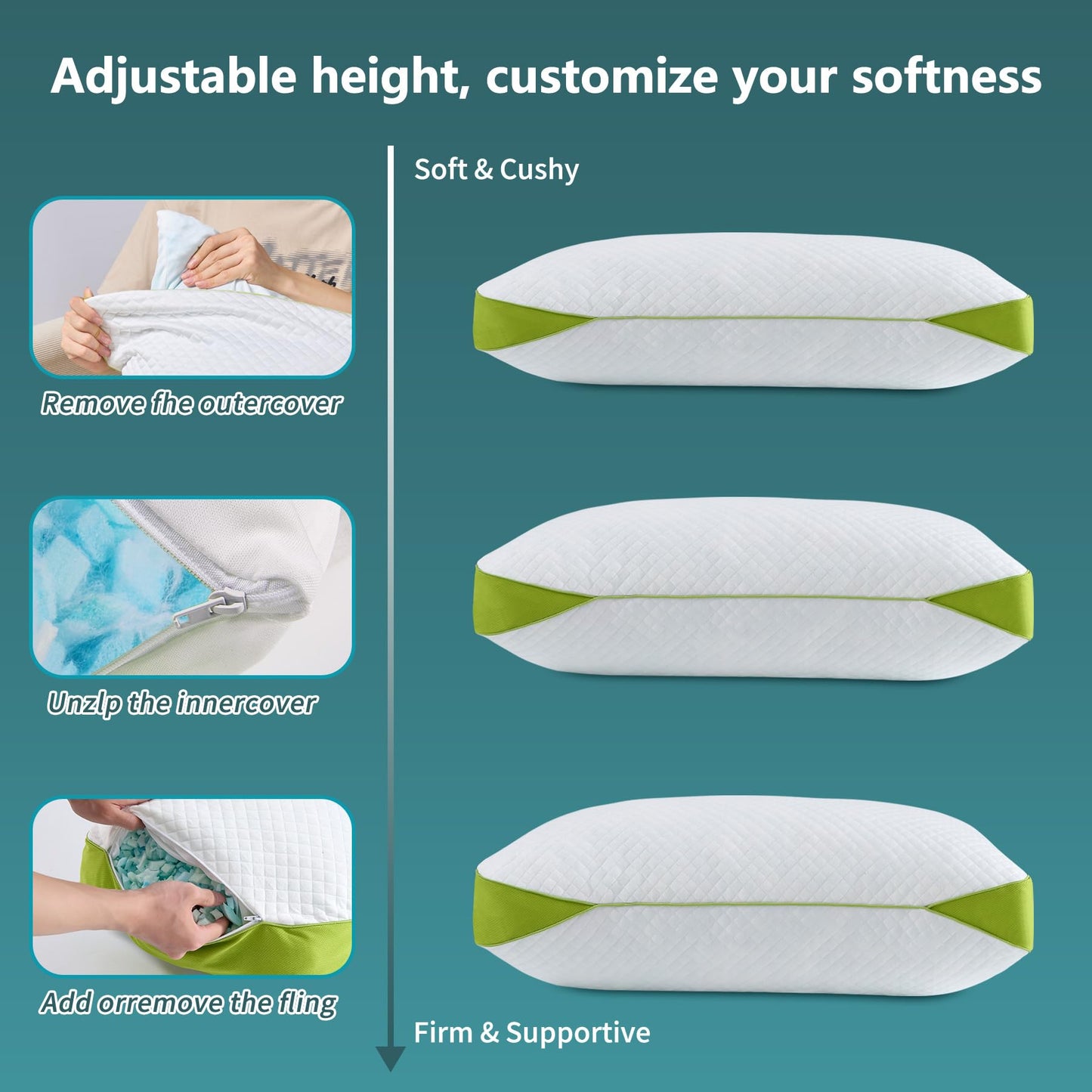 HKYLRAN Luxury Hotel Cooling Pillow for Sleeping,Medium Firm Shredded Memory Foam Pillows Queen Size Set of 2,with Zipper Adjustable Supportive