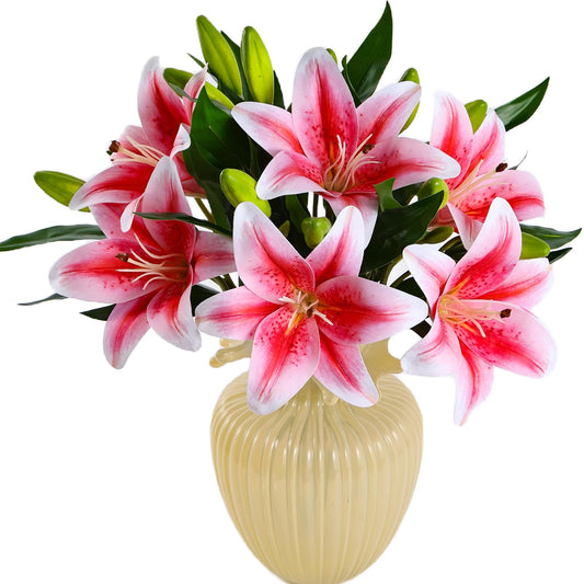 Kimura's Cabin 6Pcs Tiger Lily Artificial Flowers Real Touch Fake Lilies with Stems Faux Lilies Bouquet for Wedding Floral Arrangements Easter Home Table Centerpiece Office Decor(Pink