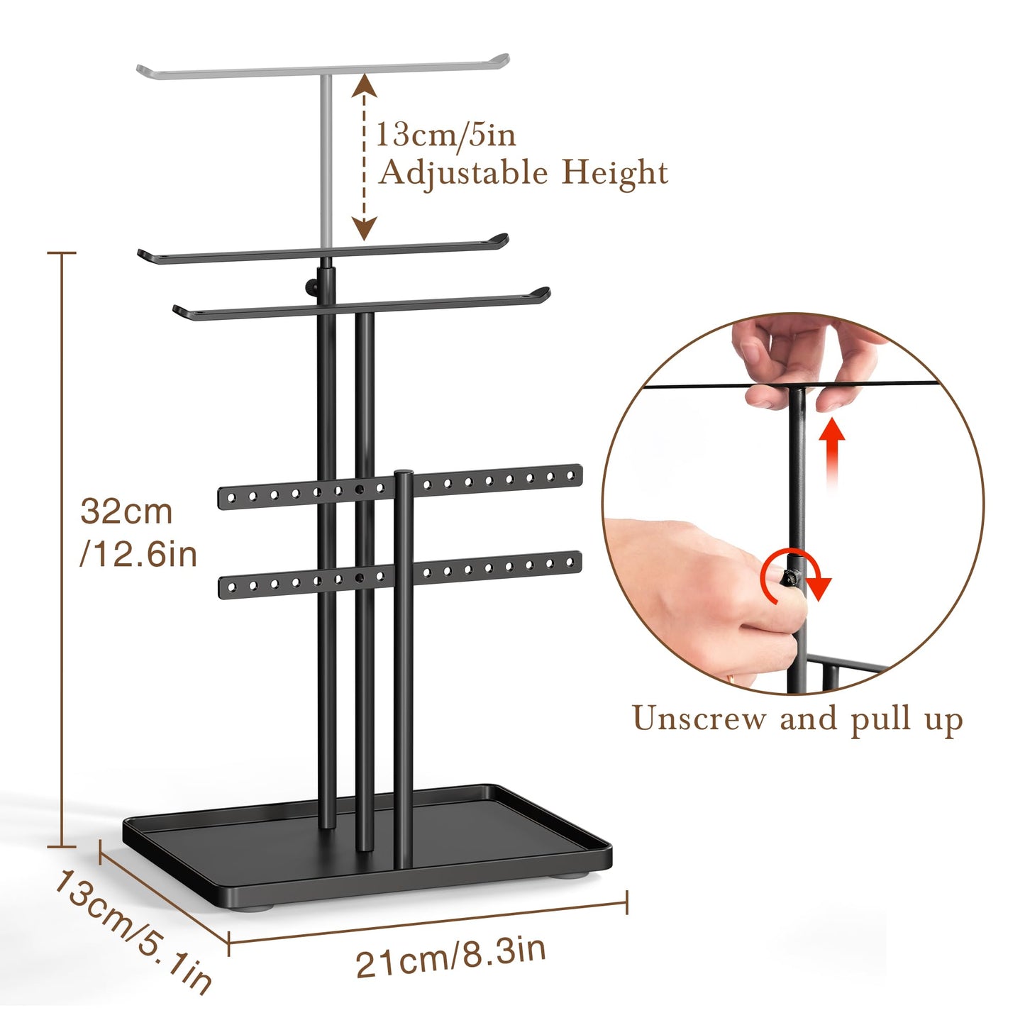 susswiff Jewelry Holder Organizer Stand - Adjustable Jewelry Tree 17.5" Height (Max), Jewlery Hanger for Necklaces, Bracelets, Earrings, Aesthetic for Storage and Display, Metal, Black