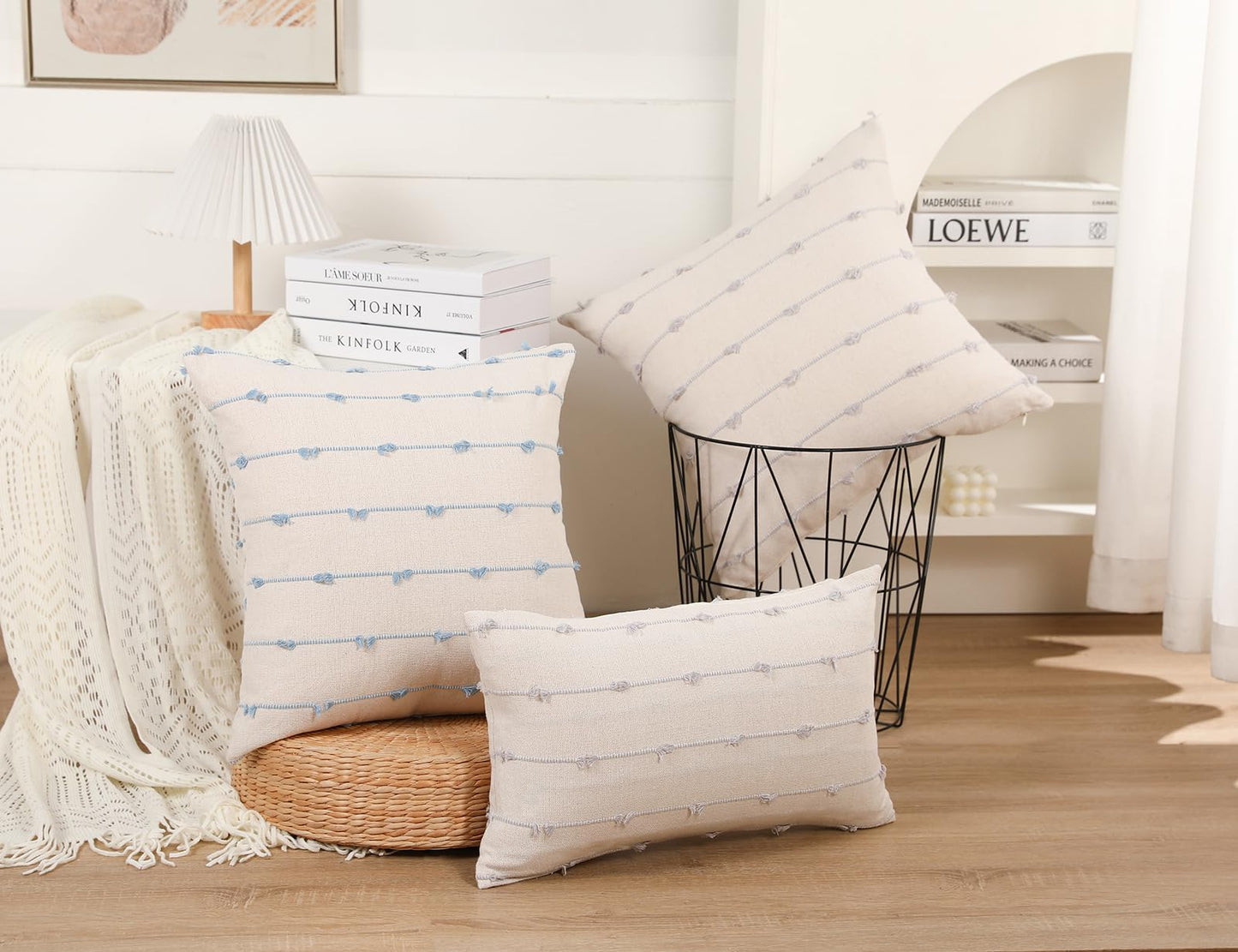 NUYECY Set of 2 Boho Throw Pillow Covers 16x16,Light Blue and White Neutral Couch Pillow Case with Tassel Fringe Decorative,Modern Accent Farmhouse Cushion Covers for Sofa Couch Bed Living Room