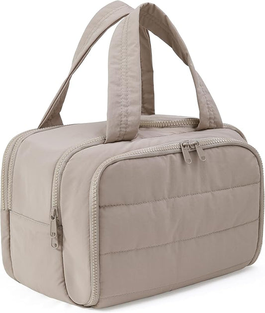 Travel Toiletry Bag for Women, Large Wide-open Puffy Cosmetic Makeup Bag with Wet-Dry Separation, Multi-Pocket Organizer with Carry Handle for Toiletries, Cosmetics, Essentials, Camel
