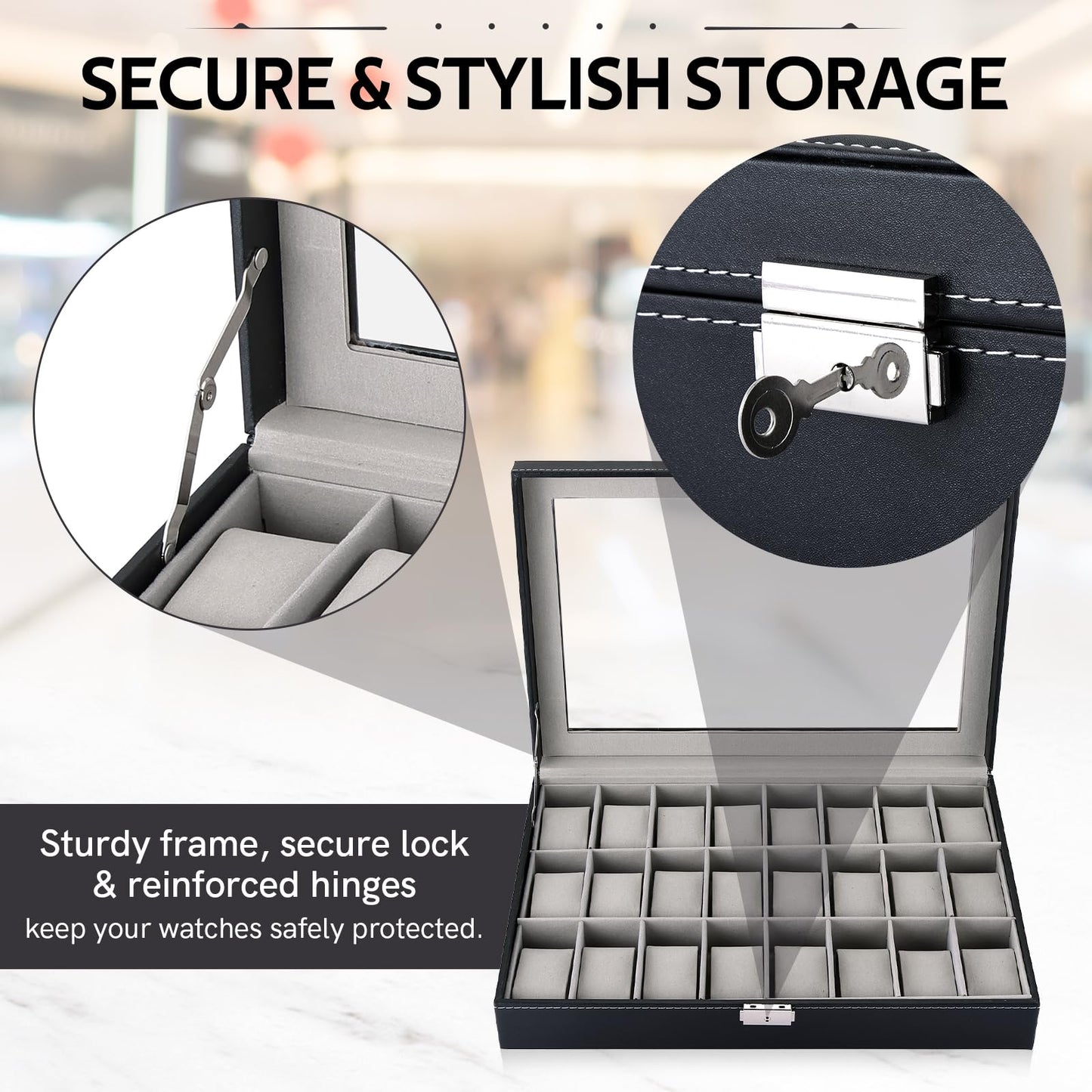 MYFULLY 24 Slot Watch Box, Lockable Watch Storage Organizer with Removable Pillows for Men and Women, Portable Watch Display Case with Gray Lining for Travel, Collection and Jewelry Storage