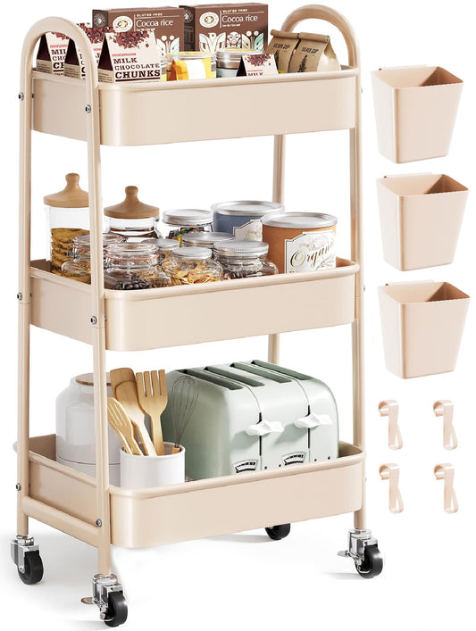 Beige 3 Tier Rolling Cart Metal on Wheels, Three Tiered Storage Organizer Utility Trolley with Wheels for Art, Craft, Baby Diaper Caddy, Snack, Book, Nail, Lash, Cleaning Supplies, Kitchen, Bathroom