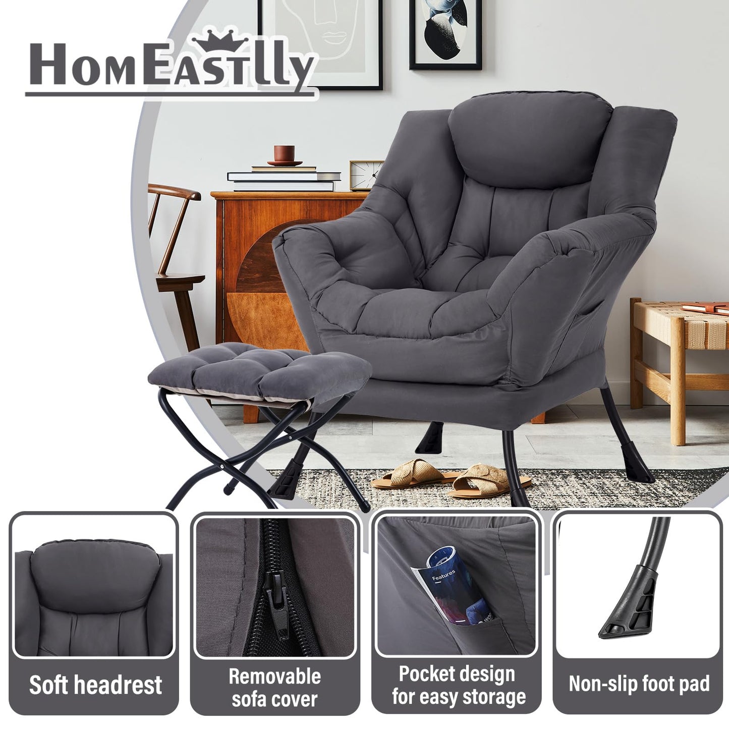 HomEastlly Lazy Chair with Ottoman, Large Dark Grey Accent Chair with Ottoman, Comfy Reading Armchair, Leisure Sofa Chair for Living Room, Bedroom, Dorm Room, Office