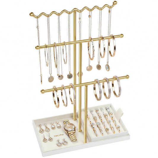 necvha Jewelry Stand Holder Organizer, 3 Tier Bracelet Holder Display with Detachable Velvet Tray, Elegant Jewlery Tower for Display Bracelet, Necklace, Earrings, Rings (Beige)