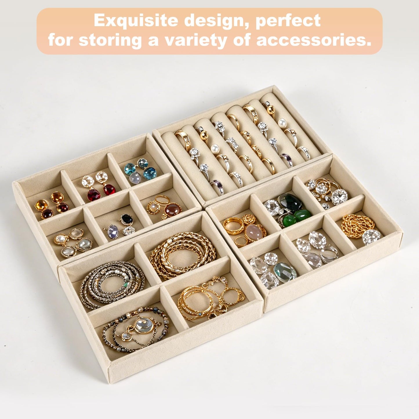 RingsTown 8-Piece Velvet jewelry drawer organizer inserts Removable Dividers, 4.8 * 3.7 * 0.9in Stackable Drawer Organizer, Vanity Dresser Storage