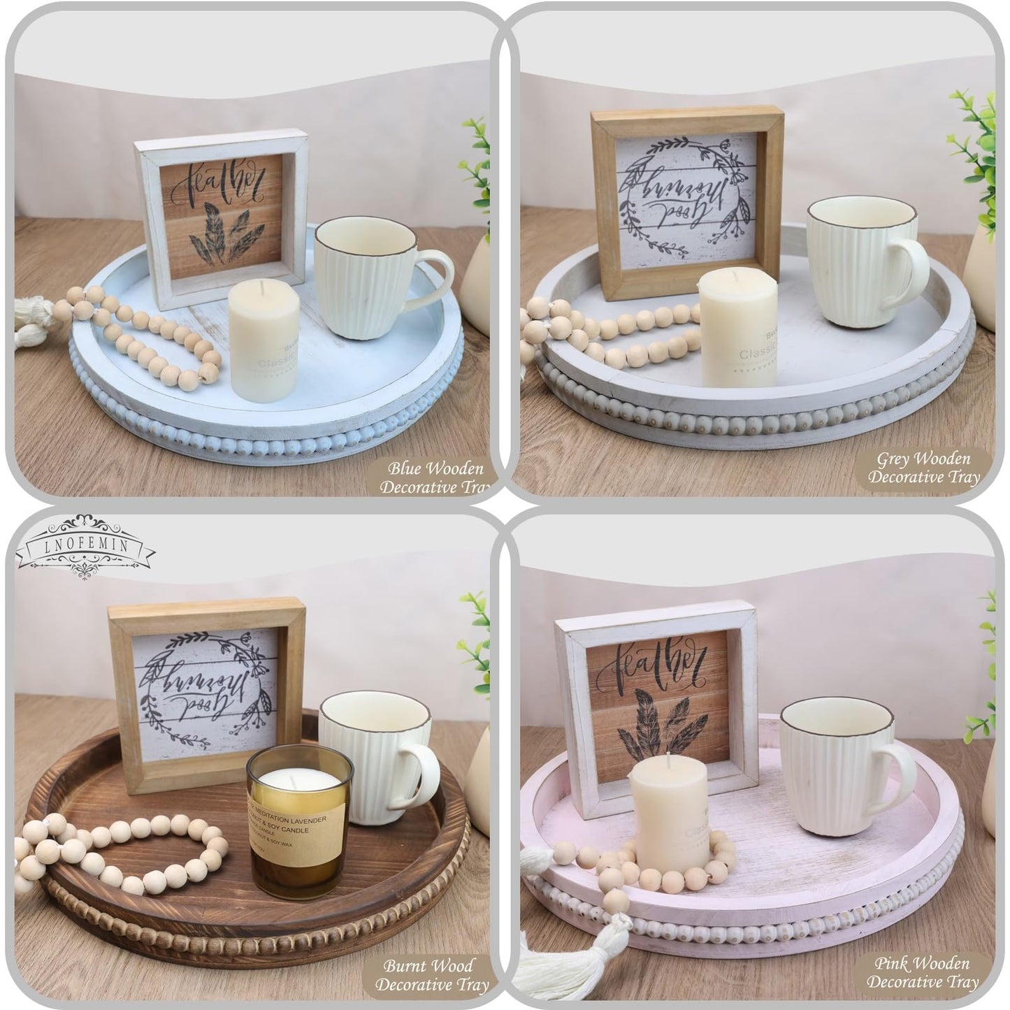 Lnofemin Round Burnt Wood Serving Tray with Beads, Wooden Decorative Tray for Entertaining, Decoration, and Gifting,