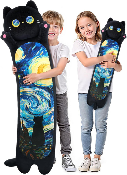 Mewaii Long Cat Plush 5 Sizes, 120% Extra Filling Giant Plushness Kids Body Pillow, Kawaii Cute Black Starry Cat Stuffed Animals Plushies, Big Long Black Cat Body Pillow Plush Gift for Girls 20”