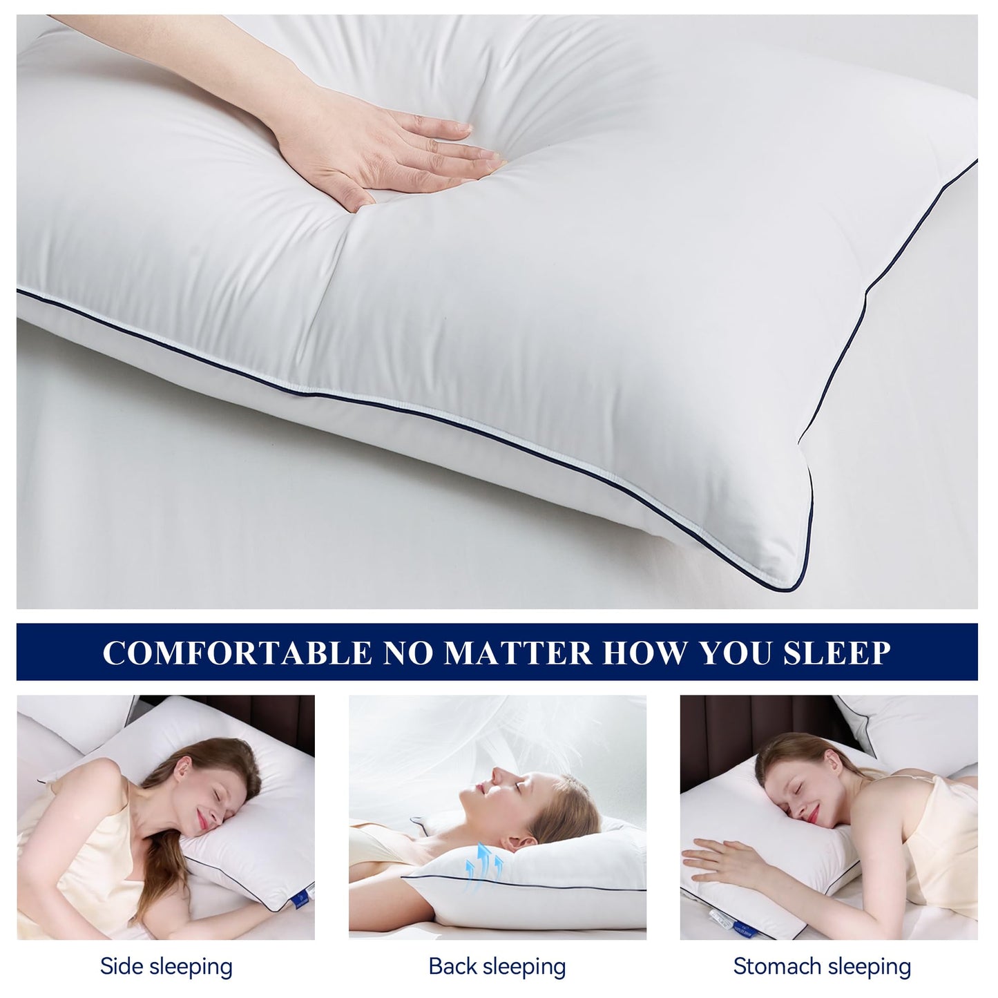ROSE FEATHER Goose Down Pillows Queen Size Set of 2, 3-Chamber Cervical Neck Support Down Feather Pillow 100% Soft Cotton Cover Luxury Hotel Bed Goose Feather Pillows (Queen (Pack of 2))