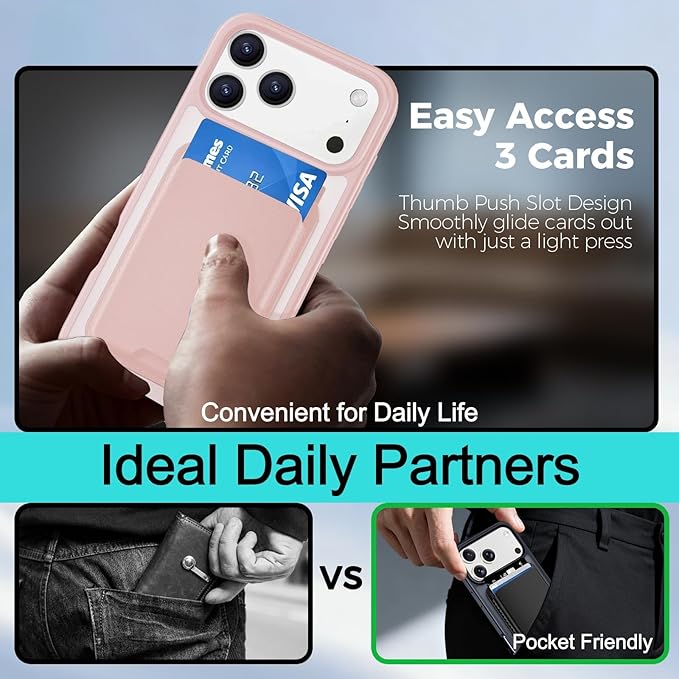 Ntwinro Magnetic for iPhone 17 Pro Case (Compatible with MagSafe) with Detachable Wallet & Card Holder for 3 Cards [RFID Blocking] Military Grade Protective Slim Phone Cover, Pink