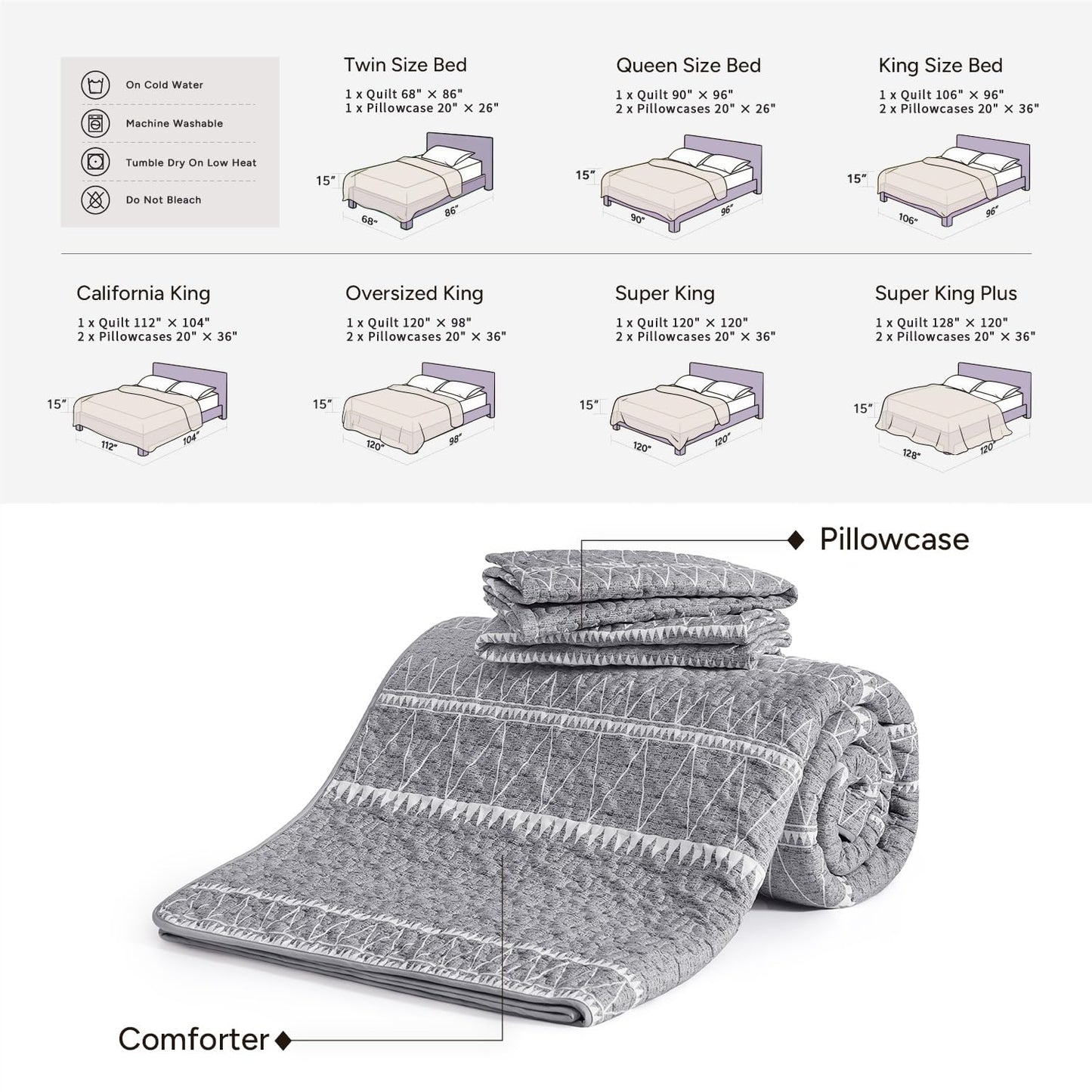 Andency Quilts Queen Size Grey, 3 Pieces Queen Quilt Bedding Set Boho Lightweight Soft Striped Bedspread for All Season (90"x96"), Gray Printed Bohemian Polyester Reversible Coverlet Comoforter Sets