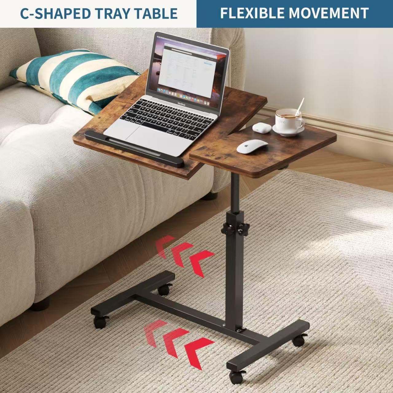 Mu Guang Overbed Tables, Hospital Table, Adjustable Height ＆ Protable Standing Rolling Desk, C-Shaped Bed Table for Livingroom and Bedroom, Brown