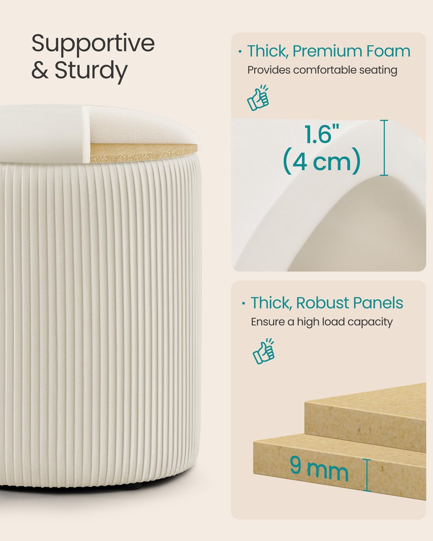 SONGMICS Vanity Stool, Set of 2, Round Storage Ottoman, Small Ottoman Coffee Table, Foot Stool, Removable Lid, for Living Room, Bedroom, Hallway, Easy Assembly, Velvet, Cream White ULOM017WD01