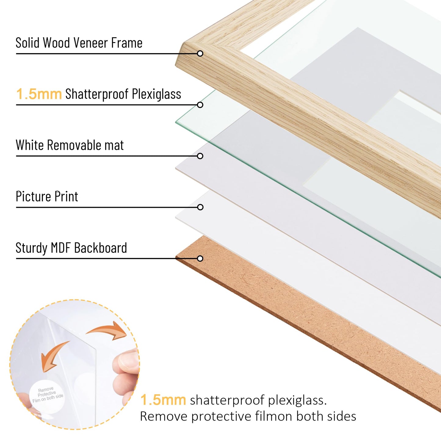 TONES FRAME DESIGN 8x12 Picture Frame Set of 2 Natural Solid Wood Veneer Finish 8x12 frame Matted to 6x8 Photo Frames with Shatterproof Plexiglass Wooden 8 by 12 Poster Frame for Gallery Home Decor, 2 Pack