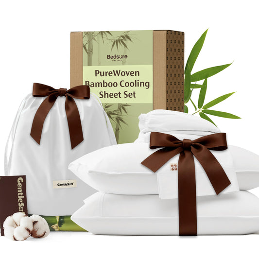 Bedsure Bamboo Viscose Cooling Sheets, Rayon Cotton Serene Blend, PureWoven, Breathable & Buttery Soft Queen Size Bed Set, Deep Pocket Up to 18", Hotel Luxury Bedding for Hot Sleepers, White