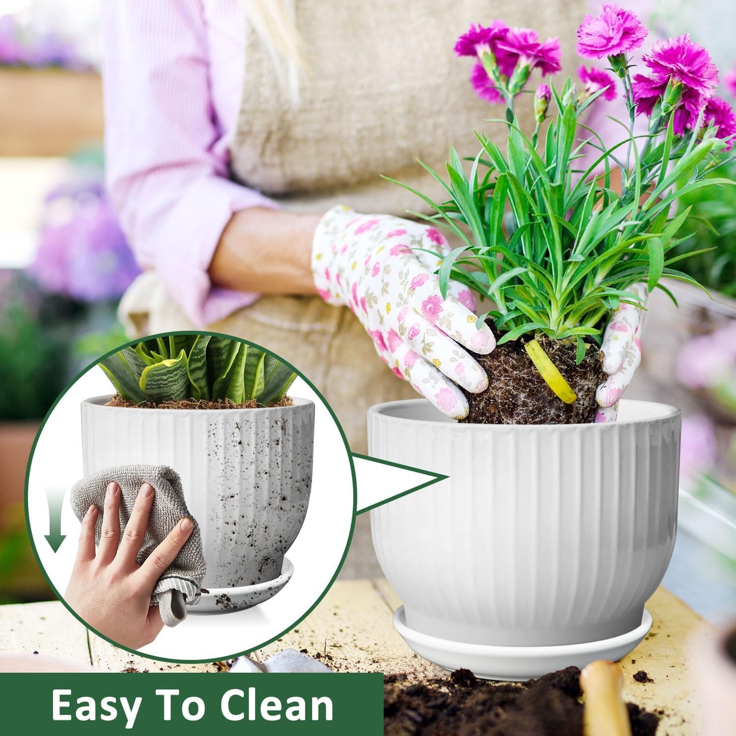 YUFDA 8 Inch Plant Pot,Ceramic Planter with Drainage and Saucer,Ceramic Pots for Plants,Indoor Plant pots,Ceramic Flower pots(Pure White, Plants NOT Included)