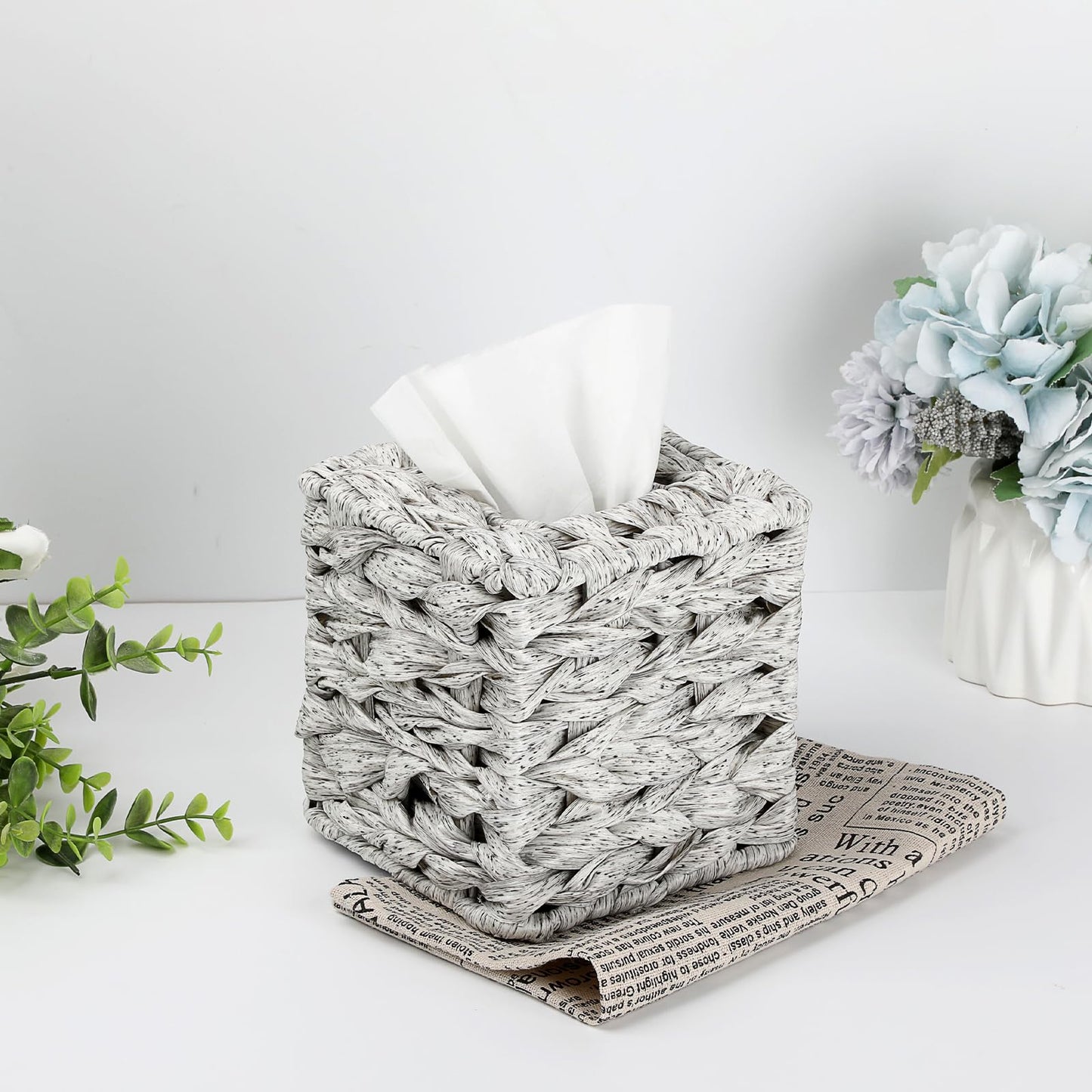 Sumnacon Wicker Tissue Box Cover, Square Tissue Box Holder, Hand Woven Facial Tissues Dispenser, Decorative Boho Tissue Box Organizer for Bathroom Bedroom Kitchen Office Table Desk Counter