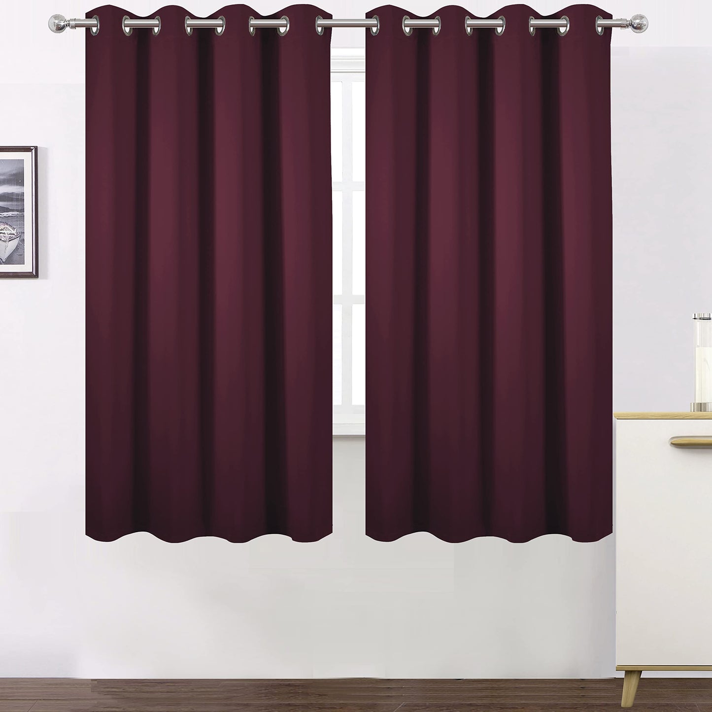 LEMOMO 100% Blackout Curtains 52 x 63 Inch/Burgundy Red Curtains 2 Panels with Black Lining Room Darkening Thermal Insulated Bedroom Curtains