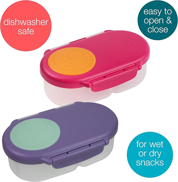 b.box Snack Box 2-Pack - Leak Proof Mini Bento Box for Kids & Toddlers, 2 Compartment Snack Containers for Kids, Dishwasher Safe, BPA-Free, PFAS-Free, Ages 4mo+, 1 3/4 Cup Each (Strawberry + Lilac)
