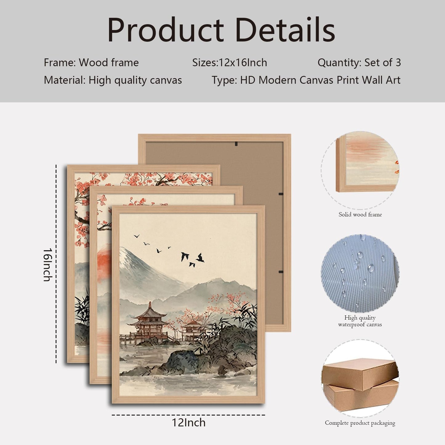 soonkiss Japanese Wall Art Set of 3 with Wooden Frame, Ready to Hang Sakura Cherry Blossom Mountain Sun Landscape Painting Prints for Living Room Bedroom Office 12x16 Inches