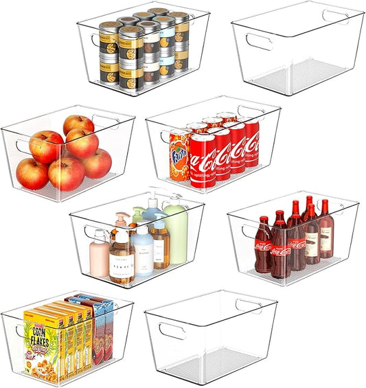 Joymeezo 8 Pack Large Clear Plastic Storage Bins, Refrigerator Cabinet Organizers with Handles for Pantry Organization and storage, Perfect for Home Organization, Kitchen, Laundry, Office& Garage