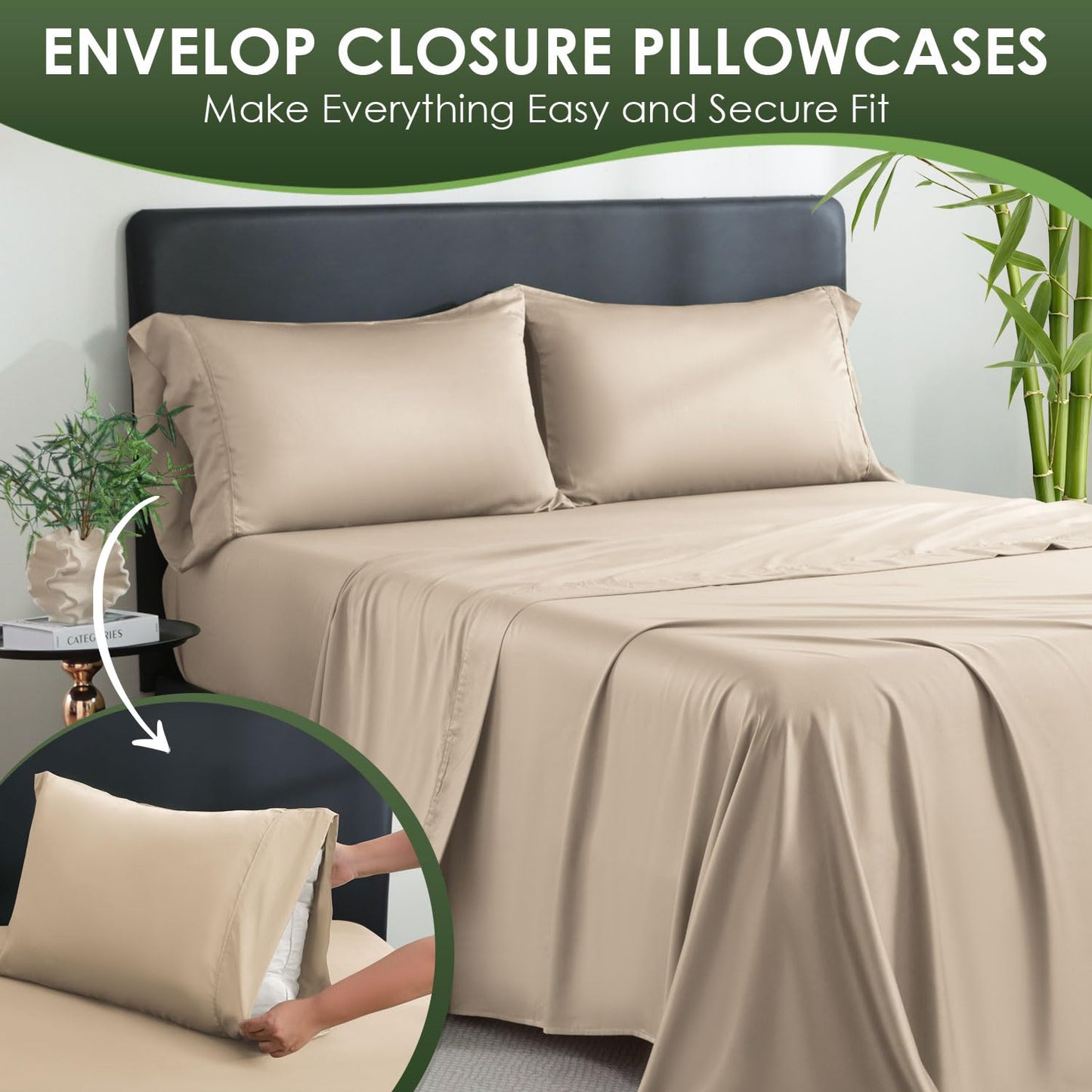 CozySmile Bamboo Sheets King Sheets Set, 100% Organic Viscose Derived from Bamboo Bed Sheet Set, Luxuriously Soft & Cooling,4 Pcs Bed Set with Deep Pockets,Wrinkle Free, Double Stitched Seams (Beige)