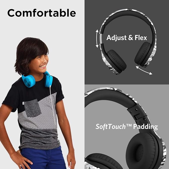 LilGadgets Connect+ Pro Wired Kids Headphones for School with Microphone, Volume Limiting Over-Ear Headset with Cord, SharePort Technology & SoftTouch Padding, Black