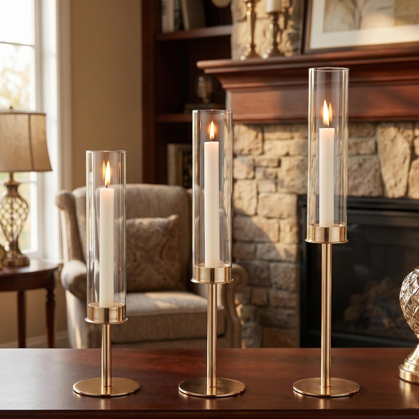 Oakernel Gold Hurricane Candle Holders Set of 12, Tall Metal Windproof Glass Taper Candle Holder for Candelabra Centerpieces for Dining Table, Wedding, Party & Fireplace Mantel Decor