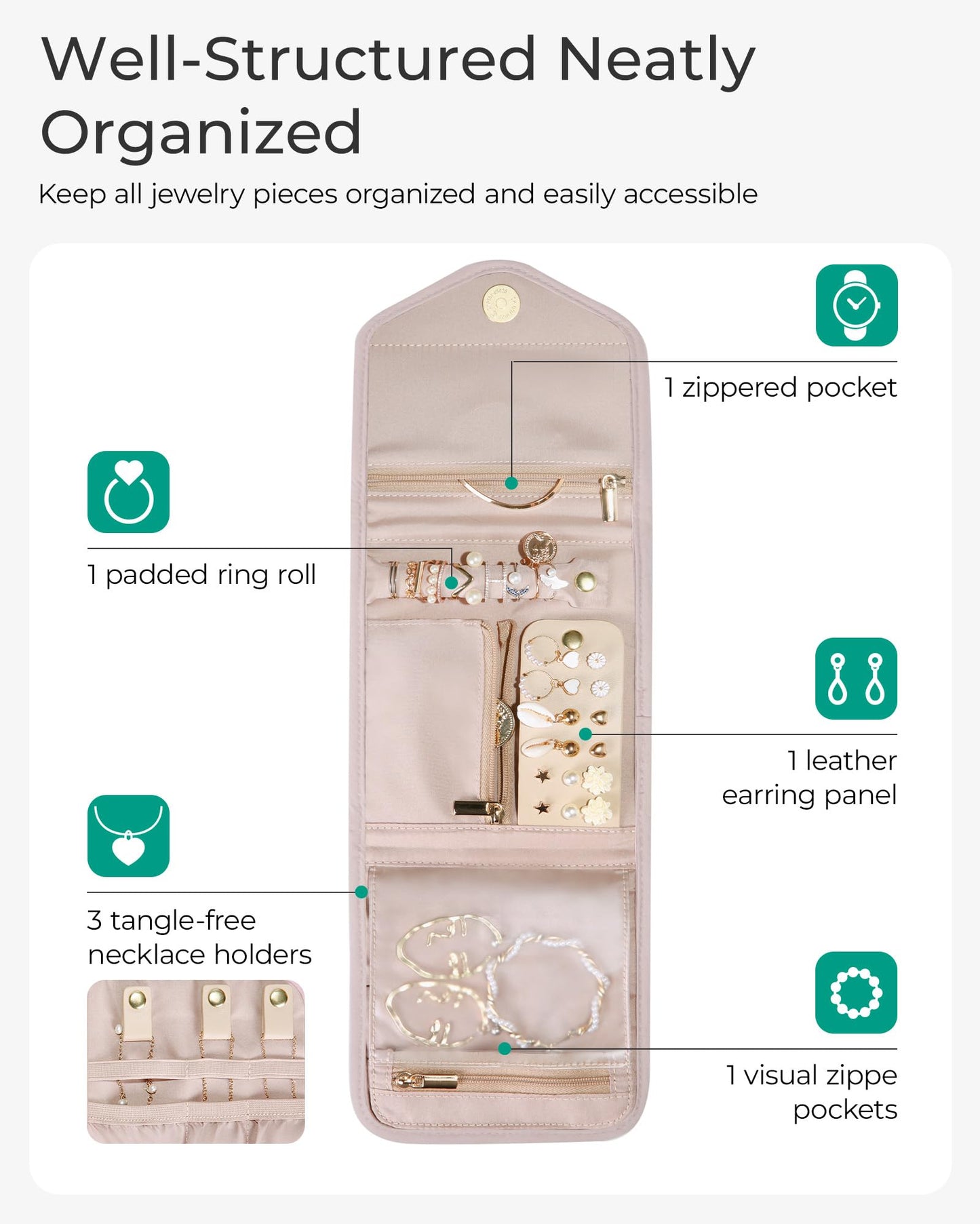 BAGSMART Travel Jewelry Organizer Case Foldable Small Jewelry Roll for Journey Rings, Necklaces, Earrings, Bracelets,Mini,Soft Pink