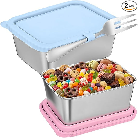 Acellegic Stainless Steel Snack Containers with Silicone Lids, 15 oz Reusable Food Storage Deli Containers for Meal, Leak Proof, Easy Open BPA Free Daycare and School(Blue, Pink,2 Pack)