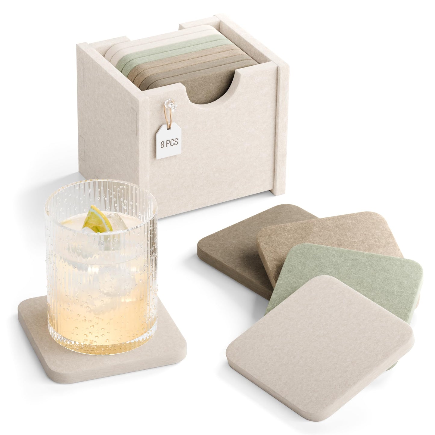 Fluxynara Felt Coasters for Drinks, Set of 8 Absorbent Coasters with Holder, Heat-Resistant & Reusable Square Design for Coffee Table & Living Room, 3.94 Inch, Linen Dusk
