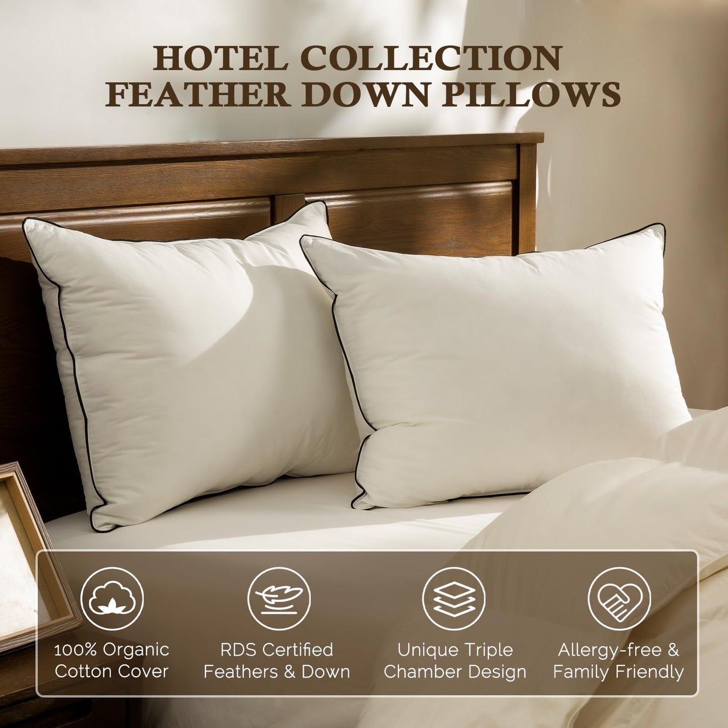 BPC Goose Feather Down Pillows King Size Set of 2, Luxury Hotel Pillows with 100% Organic Cotton Cover, Bed Pillow for Medium Firm Support & Cloud-Like Comfort, 20x36 Inches
