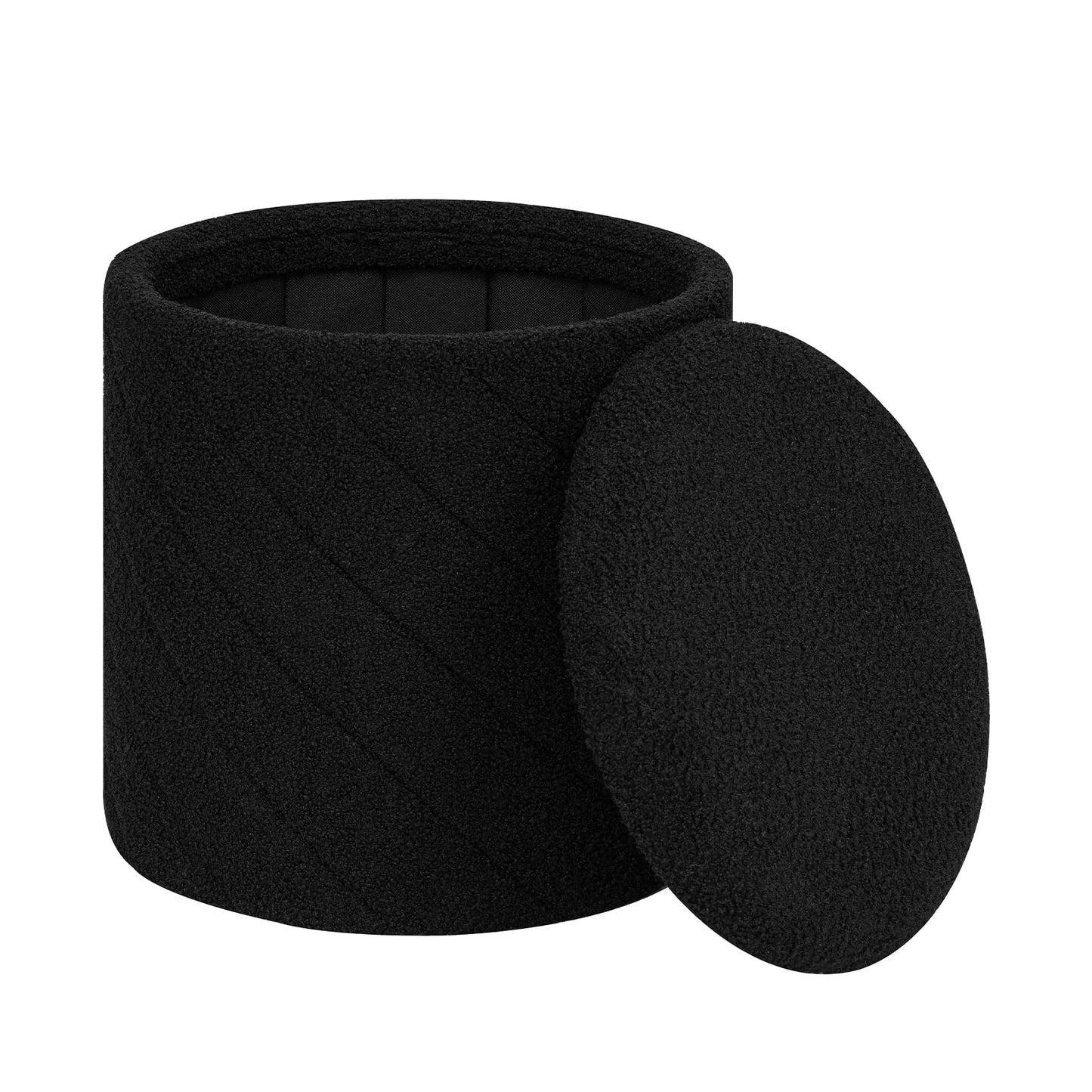 PINPLUS Ottoman with Stroage Round Boucle Ottoman and Tray Sherpa Removable Foot Stool Coffee Table for Dorm, Living Room Black, 16.9"x16.9"x17.7"
