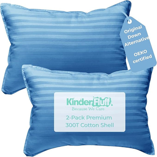 kinder Fluff Children Pillows (2-Pack) 17x26in– 300T Soft Cotton & Down Alternative – Hypoallergenic, Machine Washable, Ideal for Kids Ages 12+, Bed & Travel Use– Blue- XL