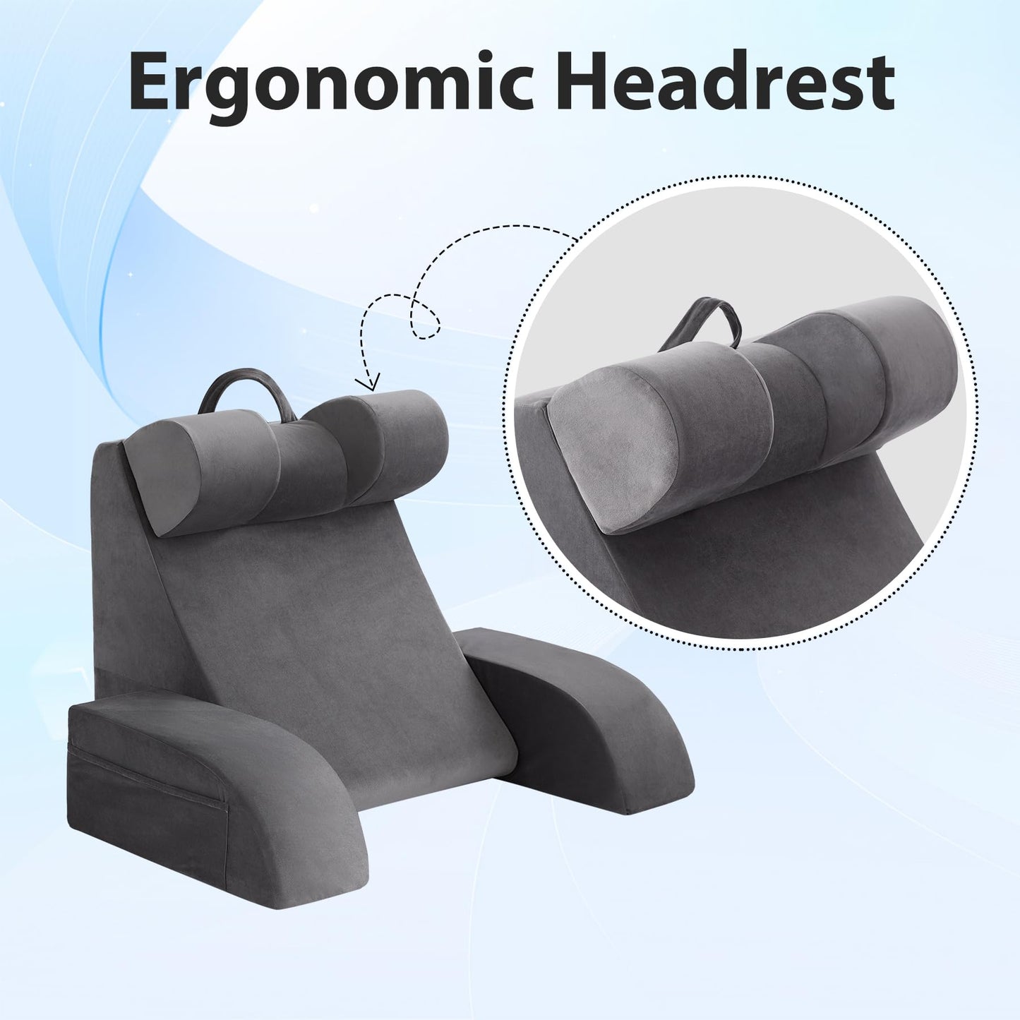Velorose Reading Pillow for Sitting in Bed Adult, Back Pillow for Bed Sitting up, Backrest Pillow with Arms, Back Support Pillows for Gaming Lounging Watching TV, Large 21" Grey