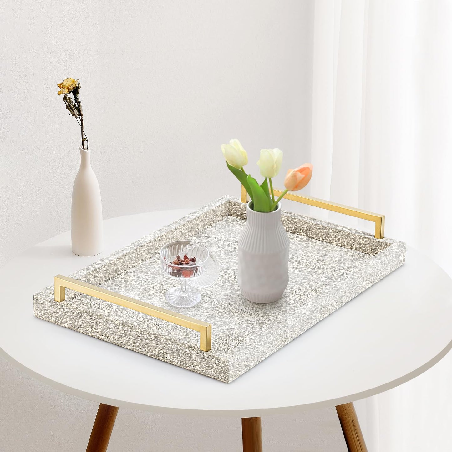 XIGEXIGE Ivory Shagreen Decorative Tray Large Rectangle Coffee Table Tray for Ottoman Faux Leather Serving Tray with Brushed Gold Handles
